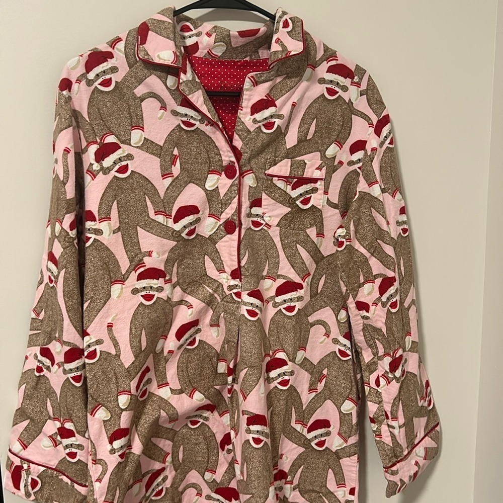 Nick and Nora Pink and Brown Monkey with Santa Hat Nightgown Size Medium